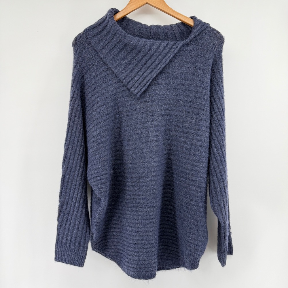 Max Studio Women Blue Ribbed Asymmetrical Cowl Neck Sweater A709398 Size M NEW